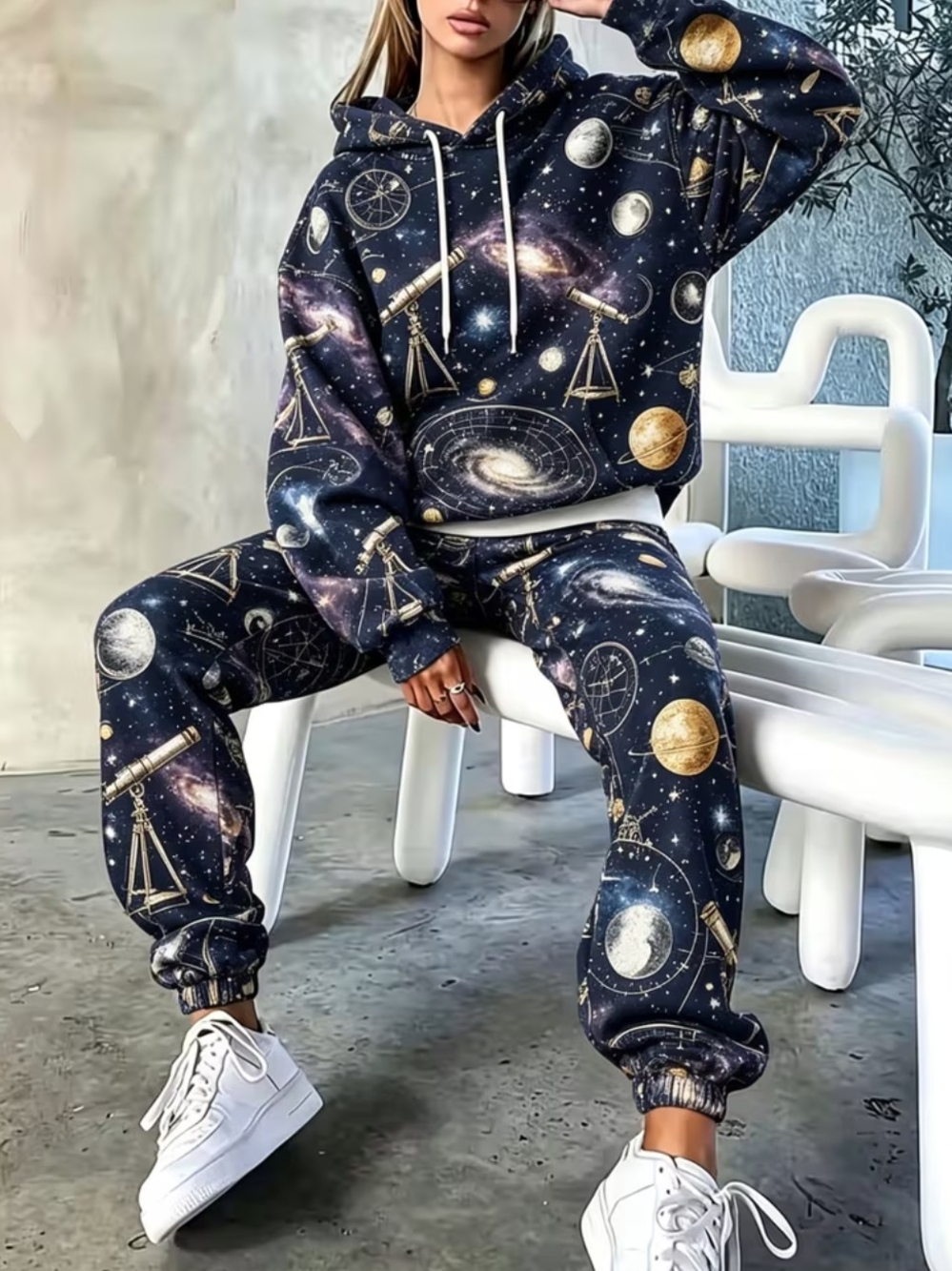 Galaxy Print Hoodie And Sweatpants Jogger Pants - Navy Space Print